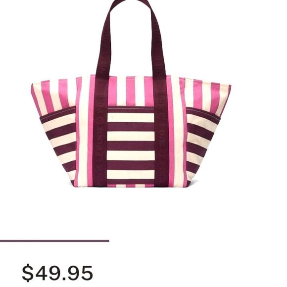 Victoria's Secret Striped Carry On Large Canvas Zipper Beach Tote NEW MSRP $49 - Picture 4 of 14